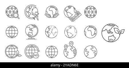 Icone del globo mondiale o della linea del pianeta con simboli di lamelle, puntini di posizione e piani, contorno vettoriale. Pianeta Terra in mano per la conservazione dell'ambiente, viaggi aerei o icona di lente di ingrandimento per la ricerca globale su Internet Illustrazione Vettoriale
