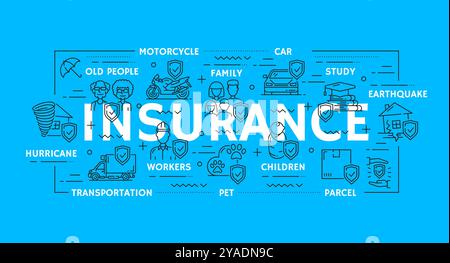 Icone della linea assicurativa di auto vettoriale, salute, viaggi e sicurezza domestica, assicurazione contro gli incidenti e il finanziamento con ombrelli e scudi. Simboli della casa, del veicolo, delle persone, degli animali domestici, della consegna e del trasporto Illustrazione Vettoriale