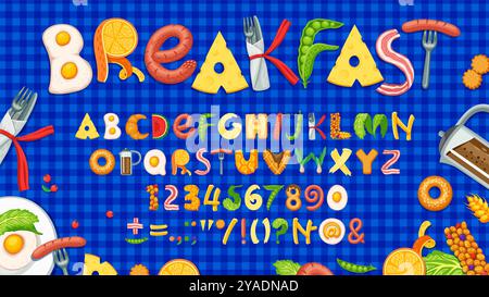 Cartoni, caratteri per la colazione, caratteri per il pranzo, tipo salutare, appetitose lettere alfabetiche e numeri tipografia vettoriale. Piatti della colazione, caratteri inglesi abc con salsicce, uova, caffè e croissant Illustrazione Vettoriale