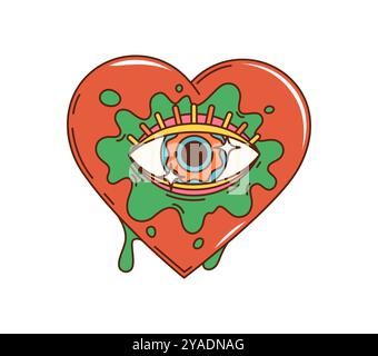 Cartoni animati retro cuore goffrato con occhio. Simbolo d'amore vettoriale hippie, cuore rosso trippy con spruzzi e gocce di vernice verde, ampio occhio arcobaleno aperto, motivi di colore psichedelico e scintille, eccentrico tatuaggio hippy Illustrazione Vettoriale