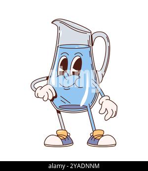 Caraffa d'acqua o utensili da cucina retrò con un volto divertente, un vettore di cartoni animati. Caraffa d'acqua o caraffa in vetro con un look allegro per un carattere emoji in cucina Illustrazione Vettoriale