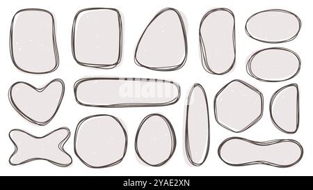 Telai disegnati a mano. Schizzo circolare a linea, icona o logo a forma di scarabocchio, elemento di design a matita circolare. Ornamento per schizzi, bordi semplici isolati decorativi. Set grafico vettoriale Doodle Bubble monocromatico Illustrazione Vettoriale