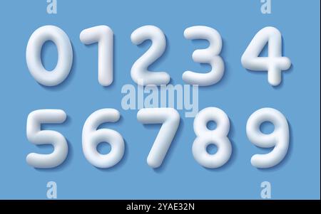 Numeri 3D. Font neve bianca. Disegno alfabetico della bollatura. Elementi per feste di compleanno. Offerte realistiche e icone dell'anniversario. Lettere tipografiche. Decorazione di compleanno. Simboli della data. Set di segni numerici vettoriali Illustrazione Vettoriale