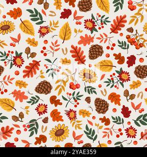 Grazioso motivo autunnale senza cuciture. Foglie d'arancia. Caduta del fogliame degli alberi. Cono di pino. Ghianda di quercia. Chestnut e rowan. Stampa stagionale ripetuta. Elementi botanici autunnali. Filiali di piante. Sfondo vettoriale Illustrazione Vettoriale