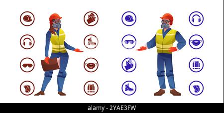 Dispositivi di protezione. Sicurezza delle persone. Indumenti da lavoro DPI da costruzione. Sicurezza dei lavoratori. I miei occhiali di protezione. Guanti protettivi e elmetto elmetto. Industria dei cablaggi. Uniforme professionale da operaio. Set di cartoni animati vettoriali Illustrazione Vettoriale