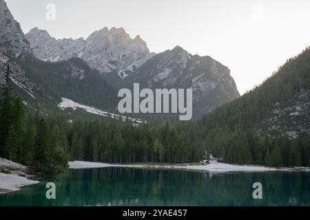 Riflessioni pomeridiane al Pragser Wildsee, Dolomiti, con cime rocciose e foreste di pini in estate Foto Stock