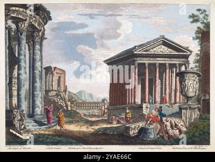 Un'incisione colorata del tempio di Ercole, il Tempio di Sybylls, gli archi di un antico acquedotto romano, il Tempio di fortuna Viritis, vaso antico presso l'editore Villa Borgese Robert Sayer stampato da Henry Overton skyline del XVIII secolo e paesaggio urbano prospettiva storica che incide acquerello vecchia stampa antica Foto Stock