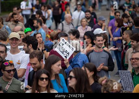 Madrid, Spagna. 13 ottobre 2024. Una grande manifestazione si è svolta questa mattina nel centro di Madrid per chiedere che “l’edilizia non è un business”. La dimostrazione chiedeva che fosse garantito il diritto a un alloggio decente e che i prezzi degli affitti fossero abbassati sotto gli slogan: “I rentier ci rubano la vita, i governi le difendono” e “è finita”. Crediti: D. Canales Carvajal/Alamy Live News Foto Stock