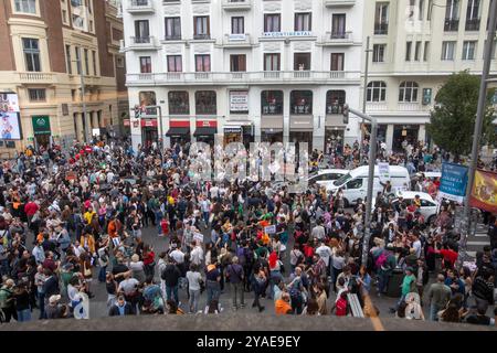 Madrid, Spagna. 13 ottobre 2024. Una grande manifestazione si è svolta questa mattina nel centro di Madrid per chiedere che “l’edilizia non è un business”. La dimostrazione chiedeva che fosse garantito il diritto a un alloggio decente e che i prezzi degli affitti fossero abbassati sotto gli slogan: “I rentier ci rubano la vita, i governi le difendono” e “è finita”. Crediti: D. Canales Carvajal/Alamy Live News Foto Stock