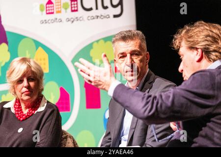 Torino, Italia. 13 ottobre 2024. Antonella Parigi, Gino Cecchettin e Gianni Armand-Pilon durante alcuni momenti del Festival Women and the City con Gino Cecchettin presso le Fonderie Limone a Torino, Italia - Cronaca - domenica 13 ottobre 2024 (foto Giacomo Longo/LaPresse) Antonella Parigi, Gino Cecchettin e Gianni Armand-Pilon durante alcuni momenti della Festa delle donne e della città con Gino Cecchettin diretta da domenica 13 ottobre 2024 a LaPresse, Giacomo Presse Foto Stock