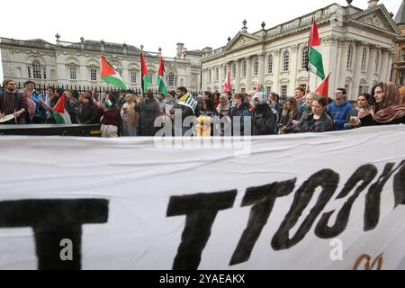 Cambridge, Inghilterra, Regno Unito. 13 ottobre 2024. Manifestanti, molti studenti universitari, ascoltano discorsi fuori dalla camera del Senato. I manifestanti si radunano attraverso il centro di Cambridge chiedendo che l'università e il pubblico in generale cedano e boicottino le aziende che sostengono gli israeliani nella loro guerra contro Gaza, Libano e Cisgiordania. (Credit Image: © Martin Pope/ZUMA Press Wire) SOLO PER USO EDITORIALE! Non per USO commerciale! Foto Stock