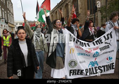 Cambridge, Inghilterra, Regno Unito. 13 ottobre 2024. Manifestanti, molti studenti universitari, marciano attraverso Cambridge con bandiere, dietro uno striscione che dice "˜boicottano il lotto, Palestina libera”. I manifestanti si radunano attraverso il centro di Cambridge chiedendo che l'università e il pubblico in generale cedano e boicottino le aziende che sostengono gli israeliani nella loro guerra contro Gaza, Libano e Cisgiordania. (Credit Image: © Martin Pope/ZUMA Press Wire) SOLO PER USO EDITORIALE! Non per USO commerciale! Foto Stock