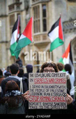 Cambridge, Inghilterra, Regno Unito. 13 ottobre 2024. Un manifestante ha un segnale che accusa il Regno Unito e gli Stati Uniti di essere responsabili della miseria di The Middle Easy armando Israele alla manifestazione. I manifestanti si radunano attraverso il centro di Cambridge chiedendo che l'università e il pubblico in generale cedano e boicottino le aziende che sostengono gli israeliani nella loro guerra contro Gaza, Libano e Cisgiordania. (Credit Image: © Martin Pope/ZUMA Press Wire) SOLO PER USO EDITORIALE! Non per USO commerciale! Foto Stock