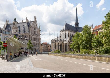 Centro storico di Lovanio con la Chiesa di San Pietro - Sint-Pieterskerk, sullo sfondo. Foto Stock