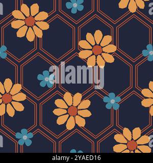 Celle a nido d'ape linee geometriche pattern vettoriale senza cuciture. Geometria lineare a griglia con piastrelle a rombo blu scuro con fiori rustici. Dettagli floreali Illustrazione Vettoriale