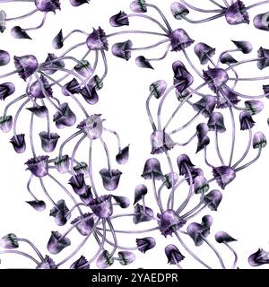 Motivo senza cuciture con sgabelli viola. Illustrazione ad acquerello di funghi magici in uno stile realistico su sfondo bianco. Elementi di progettazione del modello Foto Stock