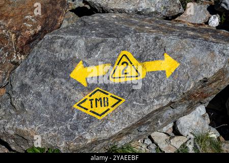 Il segnavia del Tour du Mont Blanc dipinto su una roccia. Foto Stock