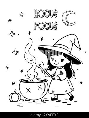 Illustrazione di una strega che prepara una pozione magica in un calderone. Illustrazione in bianco e nero in stile doodle per la pagina da colorare. Hocus Pocus Illustrazione Vettoriale