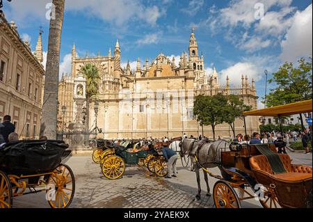 Centro città di Siviglia con autobus di fronte alla cattedrale Foto Stock