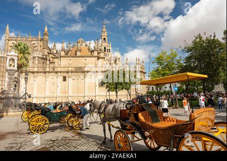 Centro città di Siviglia con autobus di fronte alla cattedrale Foto Stock