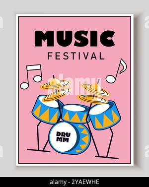 Poster della giornata musicale. Batteria e strumento a percussione. Melodia e canzone, musica. Festività e festival internazionali. Copertura dei social media. Vettore piatto Illustrazione Vettoriale