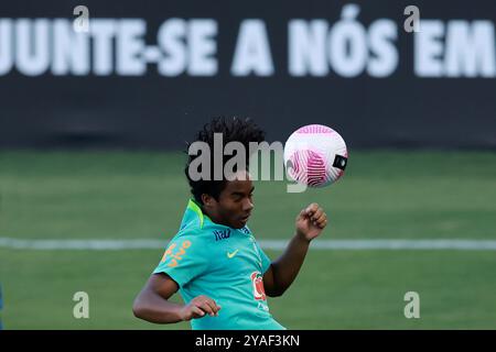 Gama, Brasile. 13 ottobre 2024. Endrick del Brasile, dirige la palla durante la sessione di allenamento, allo stadio Bezerrao, a Gama, Brasile, il 13 ottobre 2024. La squadra si sta preparando ad affrontare il Perù nel decimo turno delle qualificazioni sudamericane per la Coppa del mondo FIFA 2026. Foto: Heuler Andrey/DiaEsportivo/Alamy Live News crediti: DiaEsportivo/Alamy Live News Foto Stock