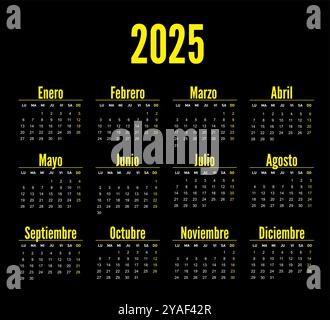 calendario tascabile giallo sull'anno 2025, spagnolo. La settimana inizia da lunedì. Illustrazione Vettoriale