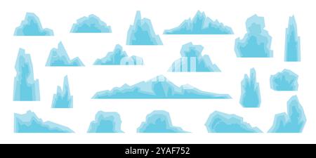 Cartoni animati antartici, ghiacciai galleggianti e iceberg di neve. Set illustrativo di cristalli di ghiaccio, montagne innevate e simboli vettoriali di ghiaccio incrinato. Ghiaccio congelato Illustrazione Vettoriale