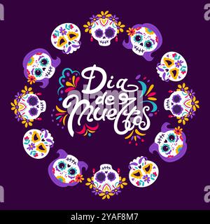 Illustrazione colorata di da de Muertos con teschi di zucchero ed elementi di design festivi Illustrazione Vettoriale