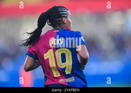 Barcellona, ESP. 13 ottobre 2024. FC BARCELONA VS RCD ESPANYOL. 13 ottobre 2024 Vicky Lopez del FC Barcelona durante la partita tra FC Barcelona e RCD Espanyol corrispondente alla Liga F allo stadio Johan Cruyff di Barcellona, in Spagna, il 13 ottobre 2024. Crediti: Rosdemora/Alamy Live News Foto Stock