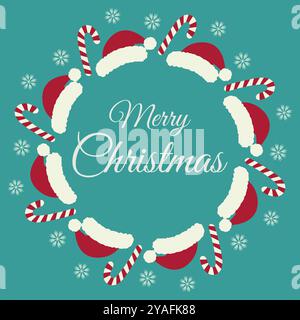 Buon Natale scritta disegnata a mano con montatura rotonda con berretti di Babbo Natale, fiocchi di neve e Candy cane a righe. Design con illustrazione vettoriale isolata, auguri o biglietti d'auguri in tonalità natalizie alla moda Illustrazione Vettoriale