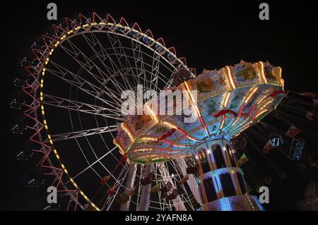 Night shot, ruota panoramica, Europa Rad, carosello a catena, Cannstatter Wellenflug, giostre, movimento, effetto movimento, Cannstatter Wasen, festival folk, male Foto Stock