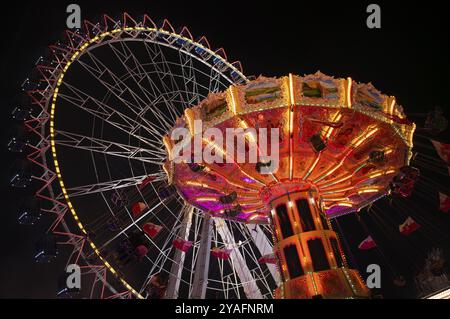 Night shot, ruota panoramica, Europa Rad, carosello a catena, Cannstatter Wellenflug, giostre, movimento, effetto movimento, Cannstatter Wasen, festival folk, male Foto Stock