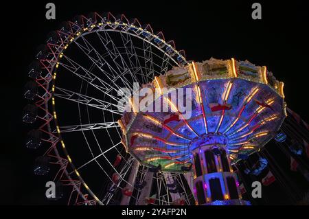 Night shot, ruota panoramica, Europa Rad, carosello a catena, Cannstatter Wellenflug, giostre, movimento, effetto movimento, Cannstatter Wasen, festival folk, male Foto Stock