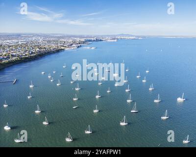 Vista dalla baia di Port Phillip verso il CBD di Geelong e la città in una calda serata estiva a Geelong, Victoria, Australia, Oceania Foto Stock