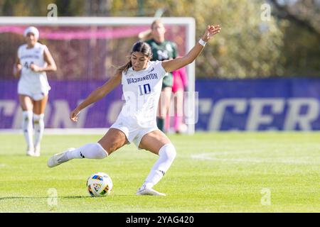 Seattle, Washington, Stati Uniti. 13 ottobre 2024. Il giocatore dell'Università di Washington ANDREA LEYVA #10 calcia la palla in campo, nella prima metà della partita, University of Washington vs Michigan State, 2-0. (Credit Image: © Melissa Levin/ZUMA Press Wire) SOLO PER USO EDITORIALE! Non per USO commerciale! Foto Stock