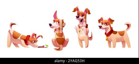 Un simpatico e divertente comportamento da piccolo cane. Cucciolo marrone del cartoni animati che odora l'erba nel pelo di terra, seduto con la schiena girata e l'orecchio alzato, allegro sta in piedi sulle gambe posteriori con la lingua che si stacca, in piedi stanco o triste Illustrazione Vettoriale