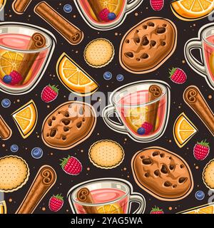 Tè vettoriale alla frutta motivo senza cuciture, sfondo decorativo con illustrazioni ritagliate tazza da tè volante e spuntini al forno, placca quadrata con rosa piatto Illustrazione Vettoriale