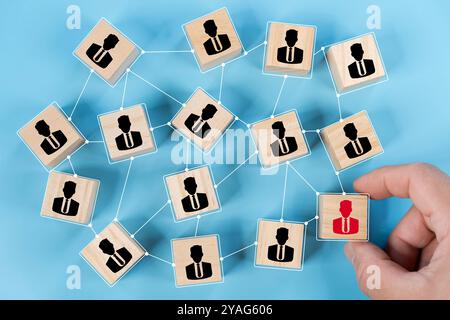 Toccare a mano l'icona umana rossa sul blocco di legno del team con il simbolo di connessione di linea per diffondere l'influenza alle persone attraverso una rete di comunicazione. Sociale Foto Stock