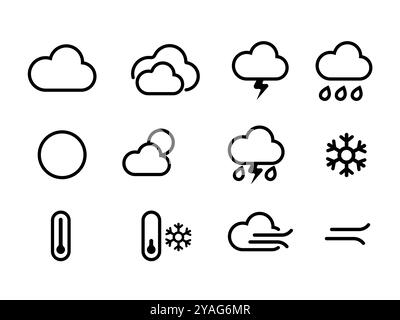 icona delle previsioni meteo fissa un contorno continuo di nuvole temporali nevosi temperature di pioggia intensa icone di sole ventose Illustrazione Vettoriale