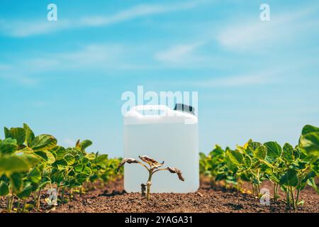 Contenitore per piante infestanti ed erbicidi nel campo coltivato di soia, focalizzazione selettiva Foto Stock