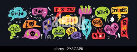 Bolle colorate disegnate a mano con parole vuote, insulti, maledizioni e simboli censurati. Parole sbagliate nei talk frame, nelle caselle di esplosione dei fumetti, nei palloncini di dialogo per rabbia, espressioni negative, odio Illustrazione Vettoriale