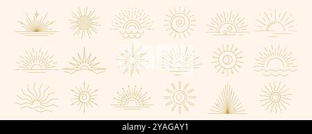 Set vettoriale di logo boho lineare dell'alba, simboli del tramonto e raggi solari. Luci di sole disegnate a mano, linee dorate, icone di linea sunbeam in stile bohémien minimalista. Collezione di elementi di design esoterici Mystic Magic Illustrazione Vettoriale