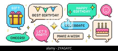 Set di elementi per buon compleanno pixel art. Bollicine vocali pixelate alla moda dell'anno 2000 con confezione regalo con fiocco, bandiere per feste, scintille, torta e citazioni di congratulazioni. Palloncini da ballo in stile retrò a 8 bit Illustrazione Vettoriale