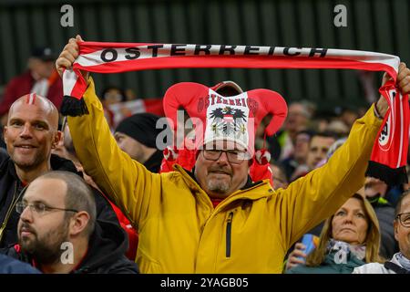 Österreichische Fußballfans während des UEFA Nations League Fußballspiels zwischen Österreich gegen Norwegen, am Sonntag 13. Oktober 2024 nella der Raiffeisen Arena di Linz, Österreich // tifosi austriaci durante la partita di calcio della UEFA Nations League tra Austria e Norvegia domenica 13 ottobre 2024 nella Raiffeisen Arena di Linz, Austria. - 20241013 PD6800 credito: APA-PictureDesk/Alamy Live News Foto Stock