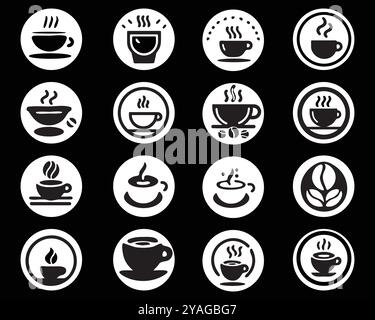 Set vettoriale icona tazza di caffè. Collezione di simboli illustrativi della tazza da tè. Simbolo o logo Mocha. Illustrazione Vettoriale