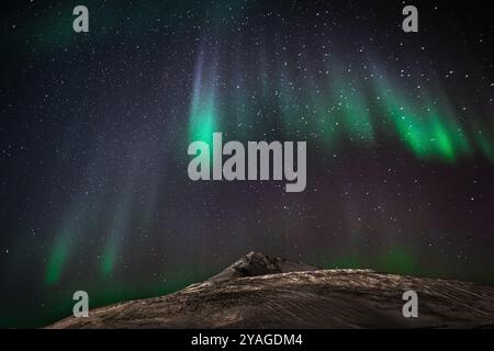 Aurora Australis (luci del Sud) in mostra sull'isola di Ross, in Antartide, con Observation Hill in primo piano Foto Stock