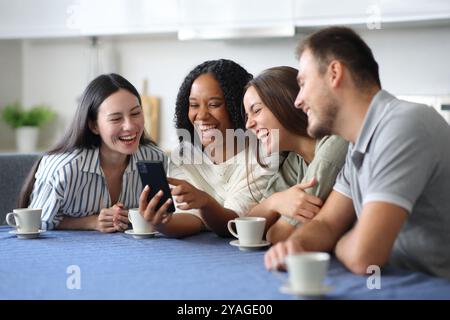 Simpatici amici interrazziali che controllano il telefono e ridono in cucina a casa Foto Stock