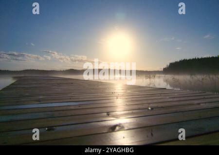 Luce di luna su un lago in Svezia in cui arriva un soggiorno di legno. Natura scandinava Foto Stock