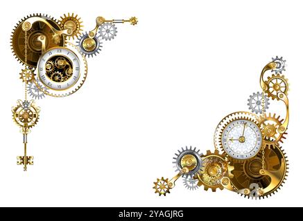 Telaio decorato con orologio antico, ingranaggi in ottone e chiavi su sfondo bianco. Stile steampunk. Illustrazione Vettoriale